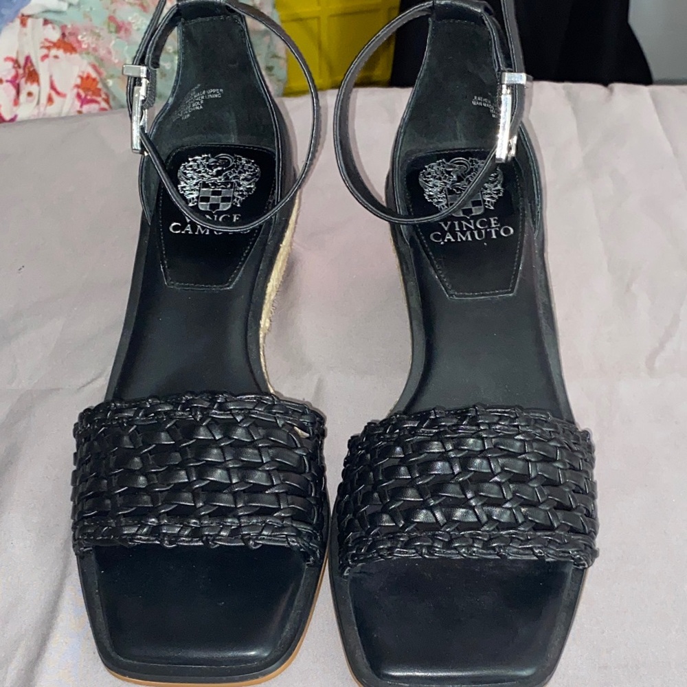 Vince‎ Camuto WO size 8 Black Woven Espadrille Heeled Sandals ankle strap EUC